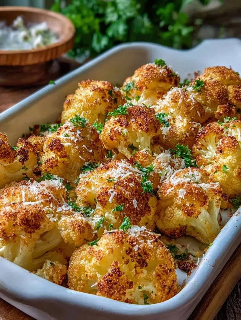 Crispy roasted cauliflower served with a creamy herb sauce in a delicious presentation