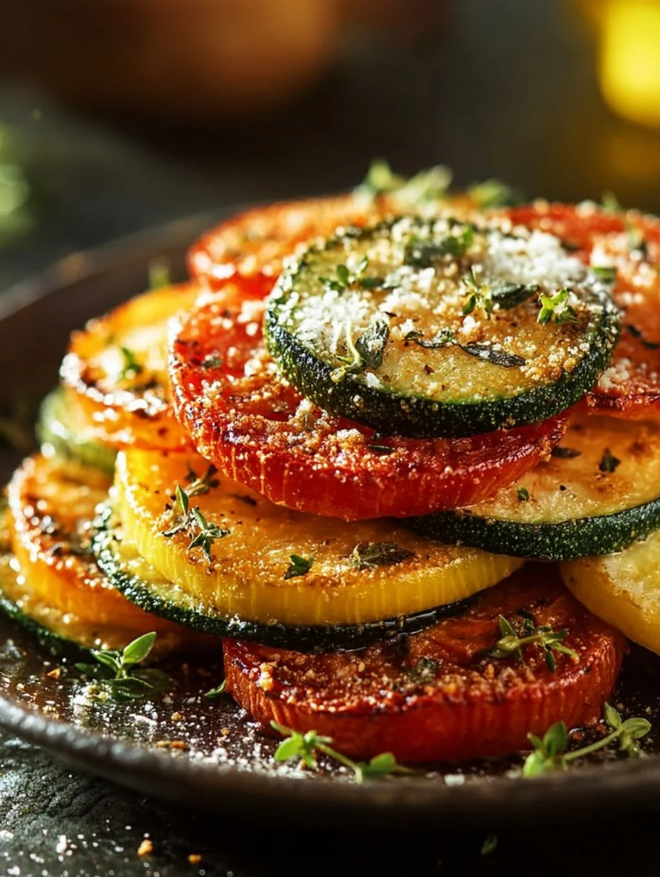 Crispy roasted zucchini, squash, and tomatoes topped with parmesan cheese.