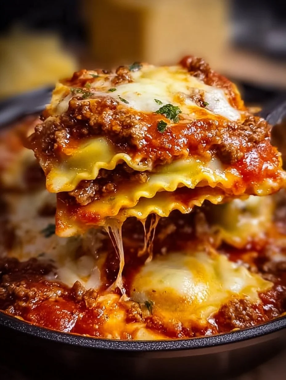 Delicious crockpot ravioli lasagna served in a bowl with cheese and sauce