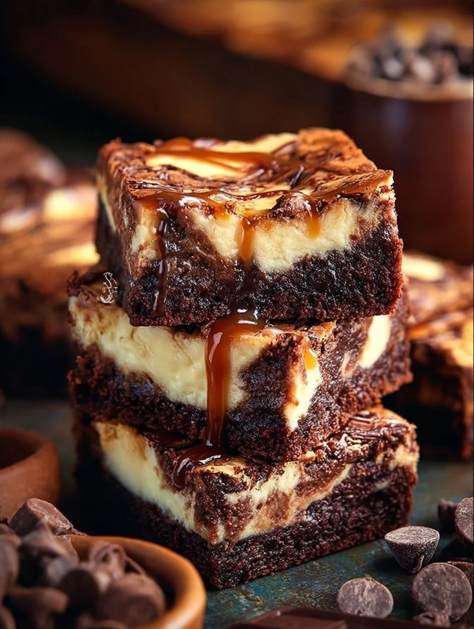 Decadent fudgy cheesecake brownies topped with creamy cheesecake layer.