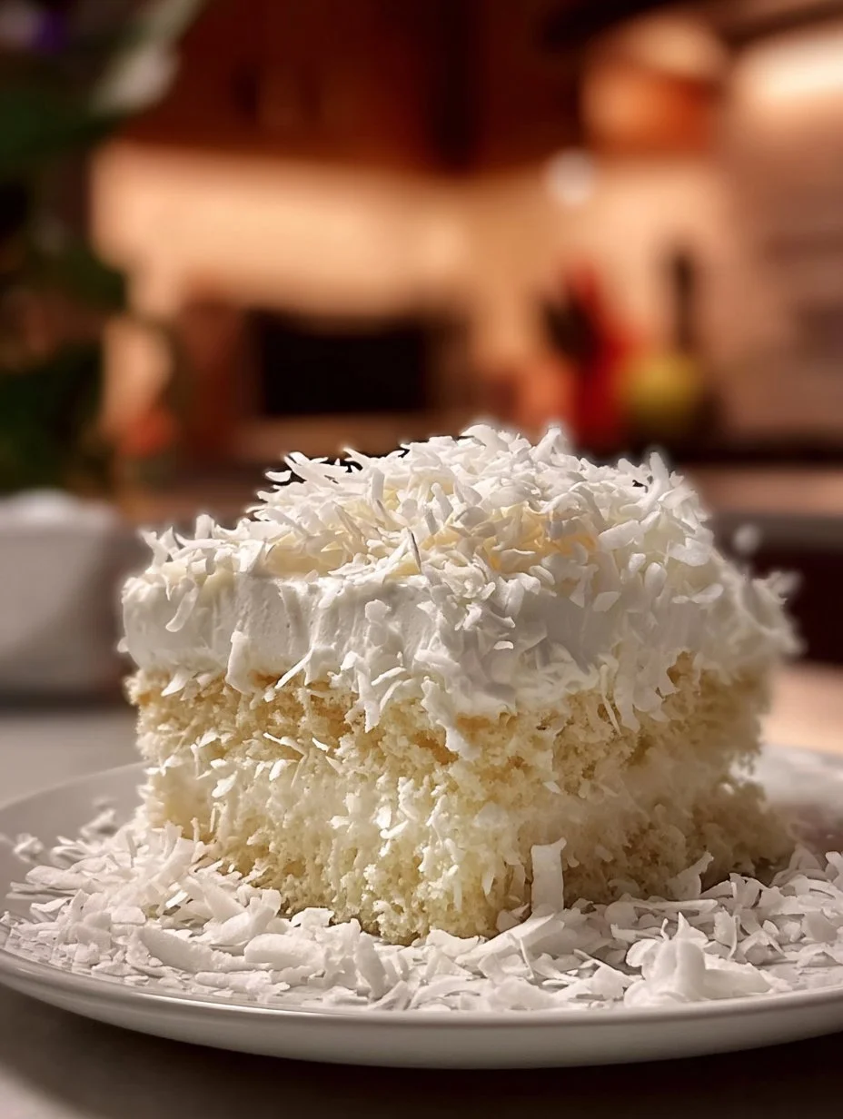 Slice of delicious creamy coconut cake topped with coconut flakes