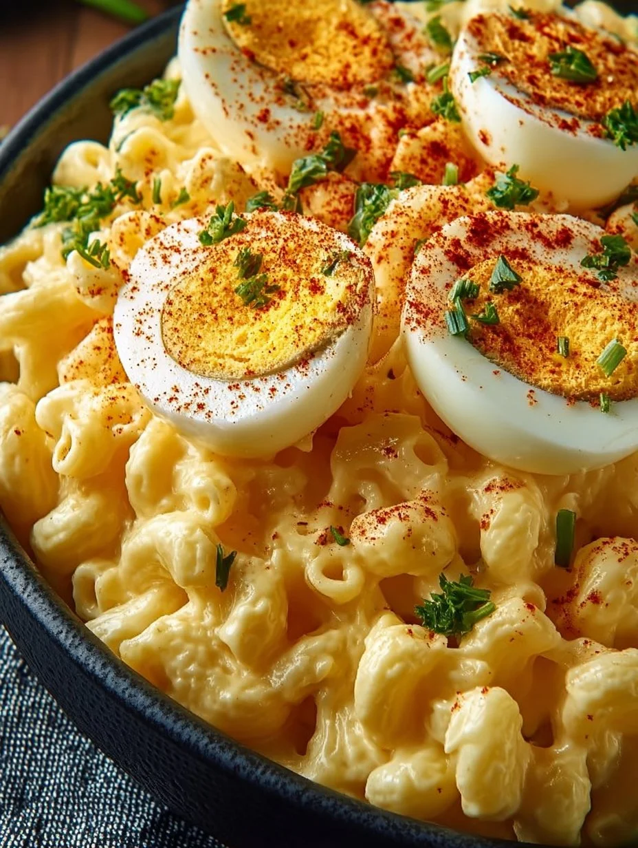 Bowl of delicious deviled egg macaroni salad garnished with parsley