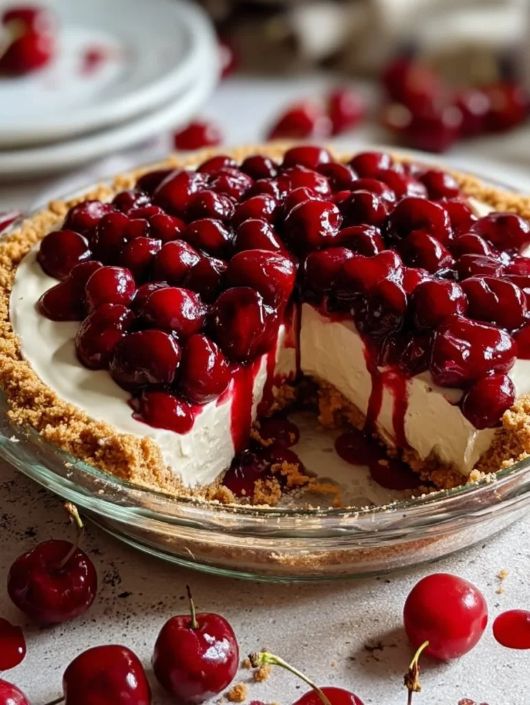Delicious no-bake cherry cheesecake topped with fresh cherries