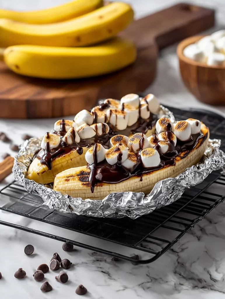 Deliciously melted campfire banana boats with chocolate and marshmallows