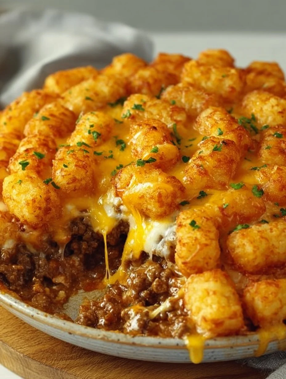 Delicious easy cowboy casserole topped with crispy tater tots