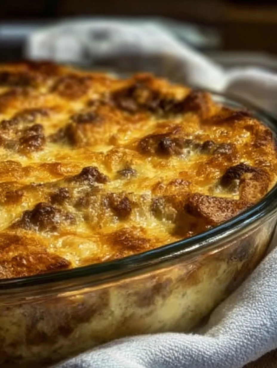 Delicious easy egg and sausage casserole fresh out of the oven.