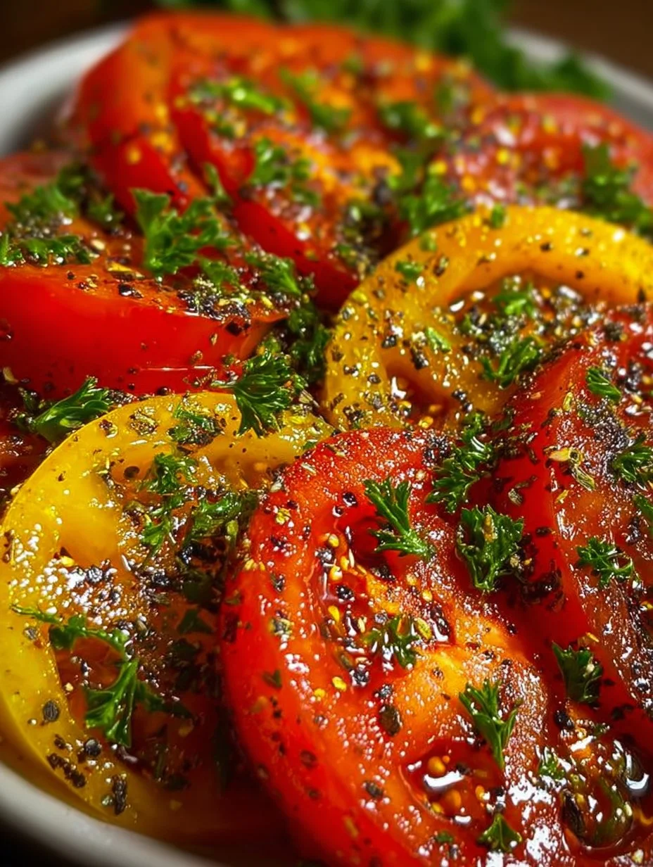 Bowl of easy marinated tomatoes with fresh herbs and spices