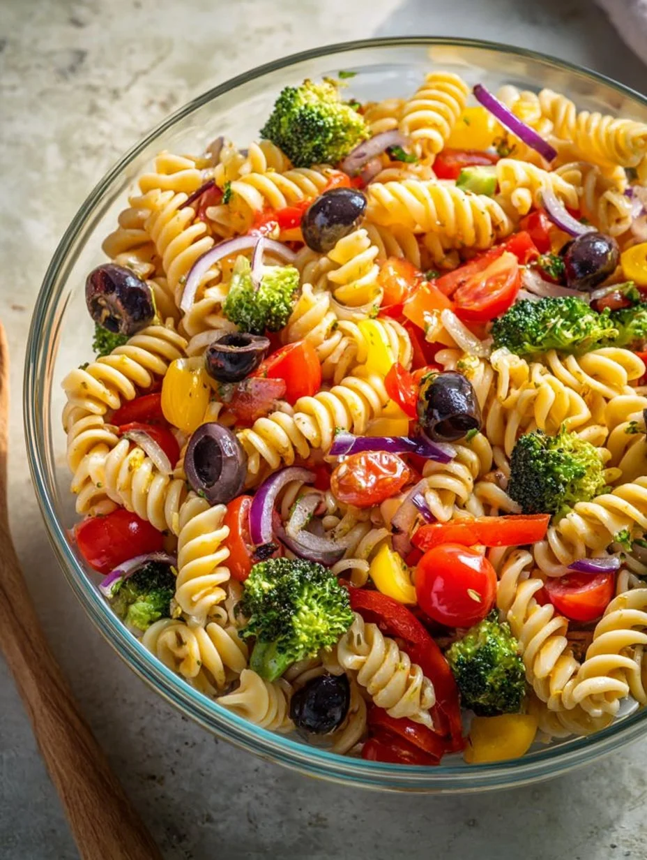 Bowl of easy pasta salad with fresh vegetables and dressing