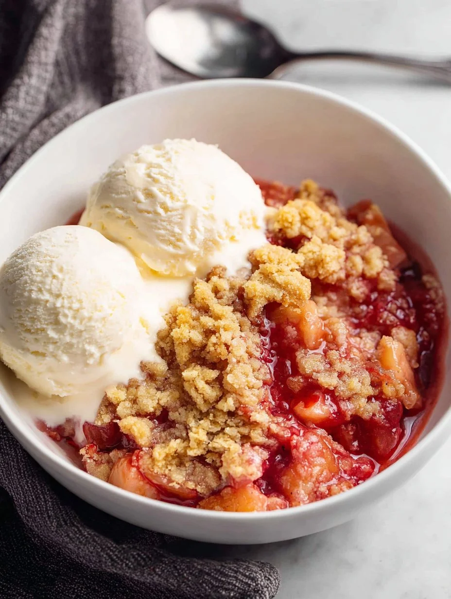 Delicious easy rhubarb crisp served in a bowl with a scoop of ice cream