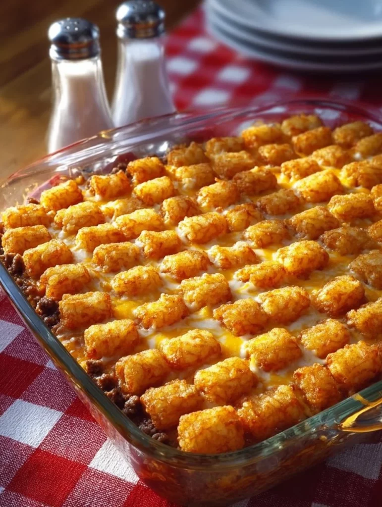 A delicious and easy tater tot casserole served in a baking dish.