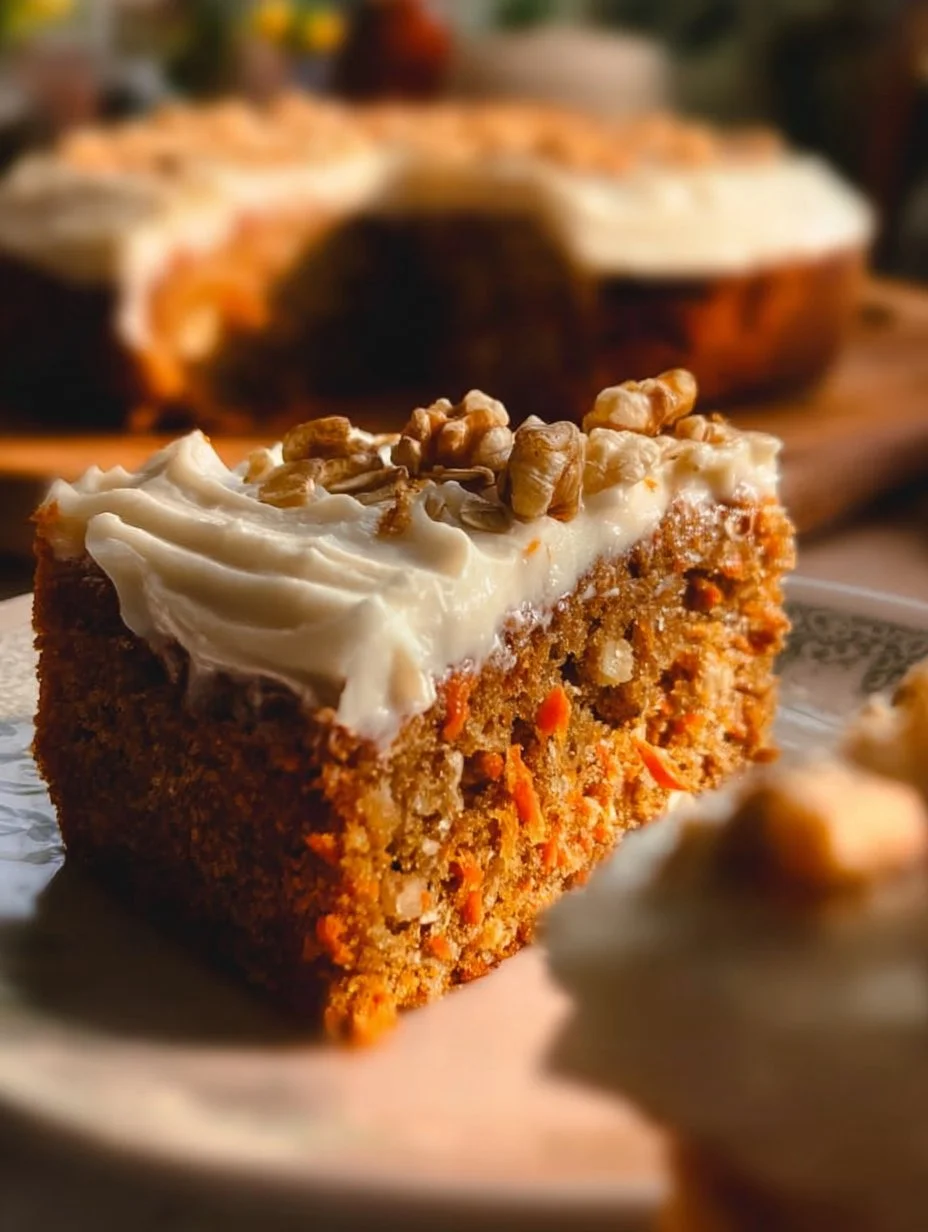 Slice of flourless carrot cake topped with Greek yogurt and nuts on a plate