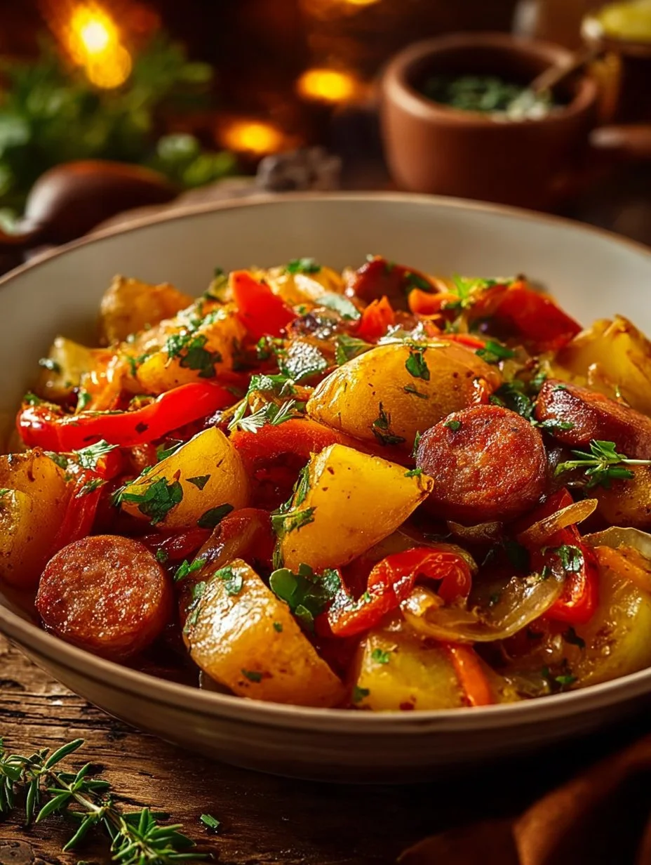 Fried potatoes and onions with smoked sausage served on a plate