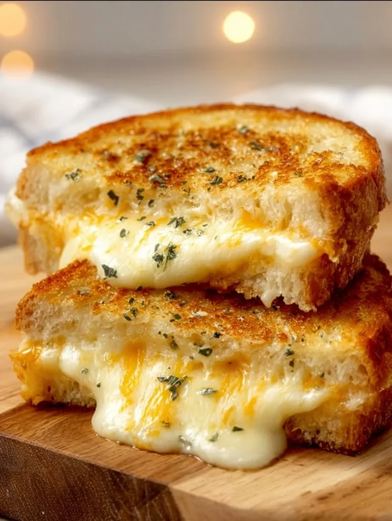 Garlic Bread Grilled Cheese sandwich with gooey cheese and crispy garlic bread