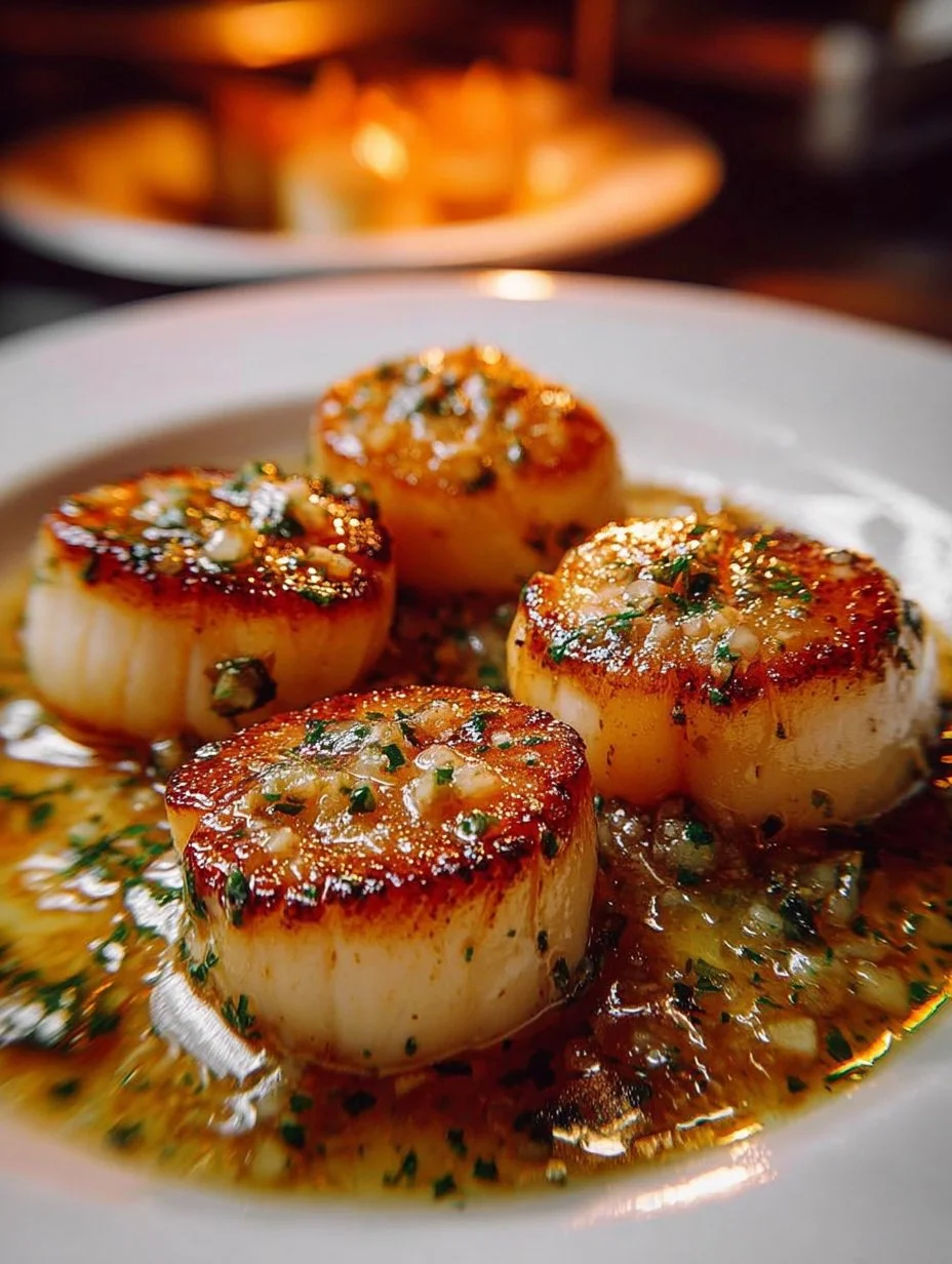 Plate of garlic butter baked scallops with herbs and lemon
