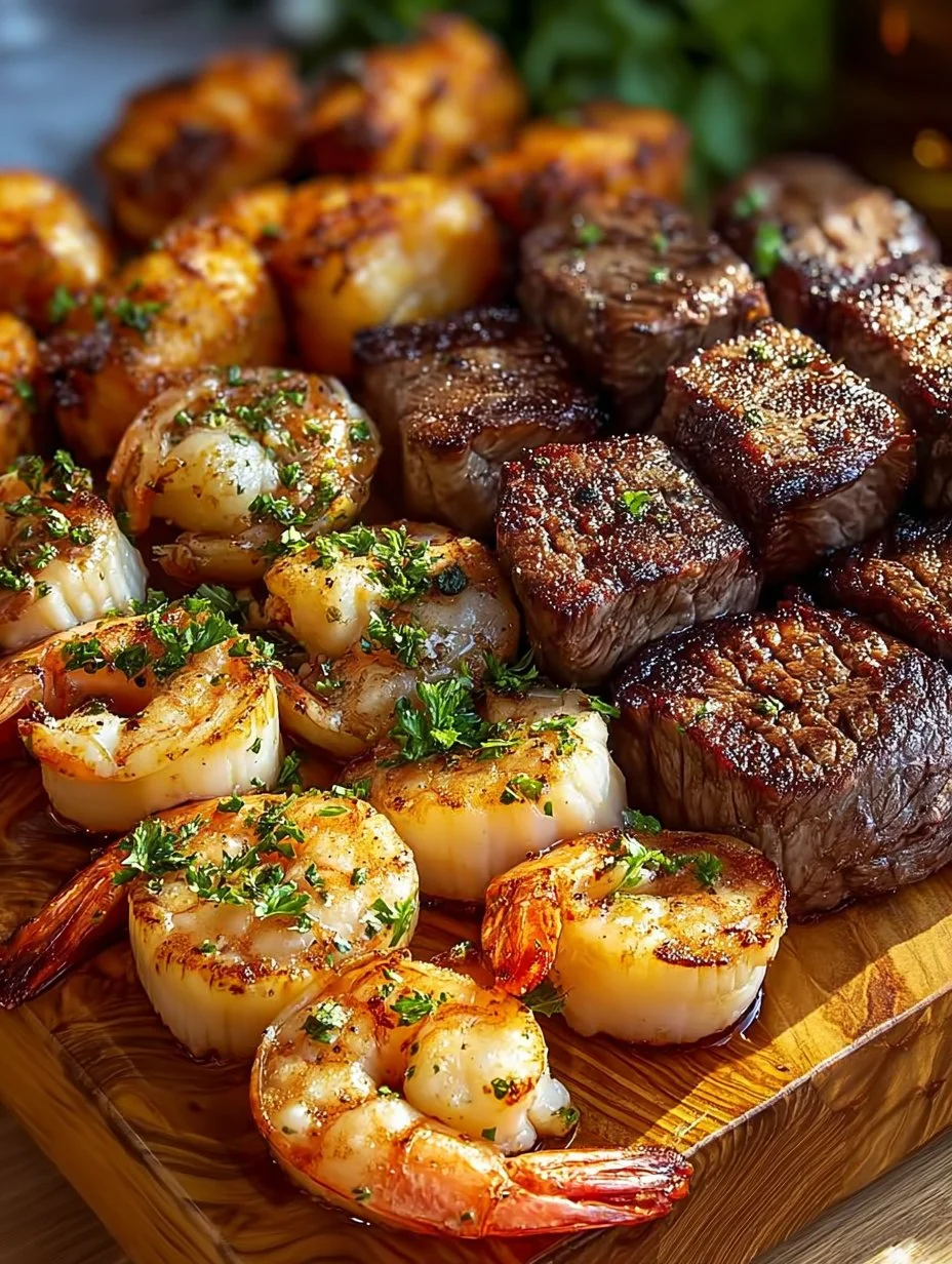 Delicious garlic butter steak bites and shrimp platter served on a rustic plate
