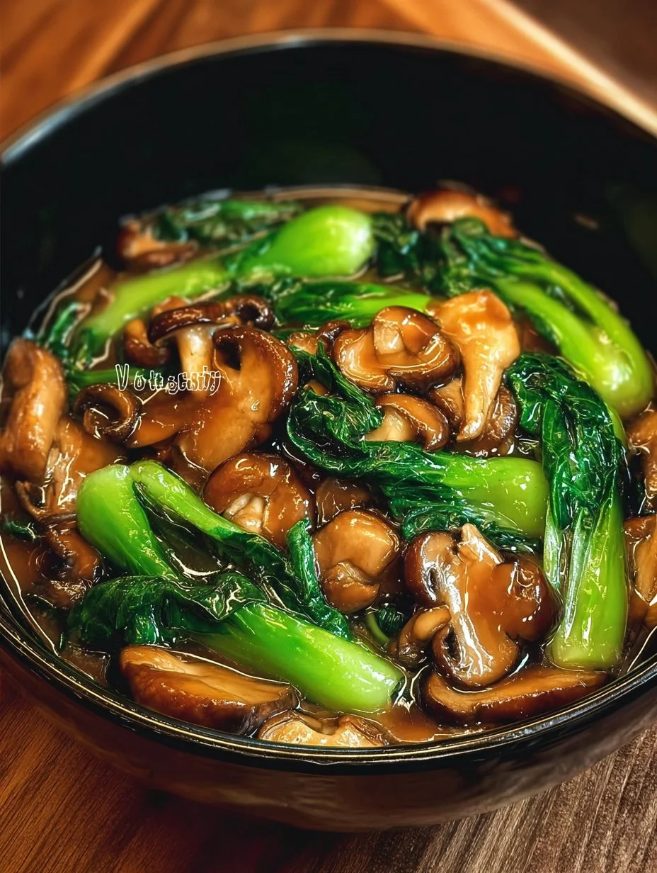 Garlic mushroom and bok choy stir-fry in a colorful dish