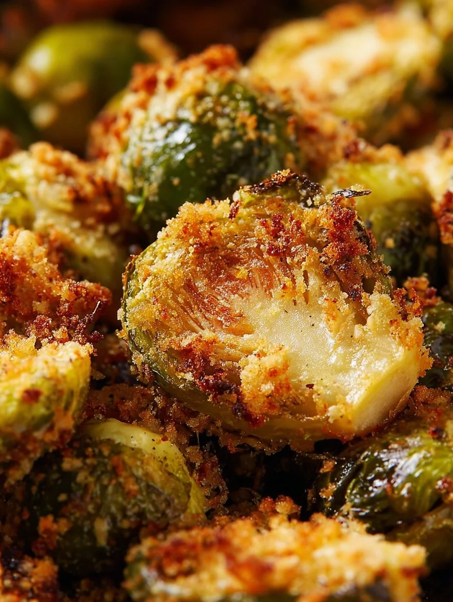 Delicious Garlic Parmesan Roasted Brussels Sprouts on a serving plate