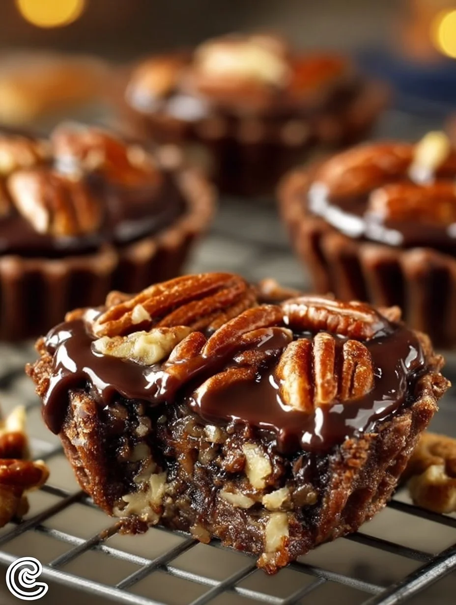 Delicious German chocolate pecan pie bites topped with chocolate and pecans