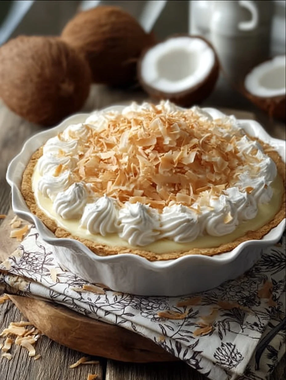 Grandma's Old-Fashioned Coconut Cream Pie topped with whipped cream and coconut flakes.