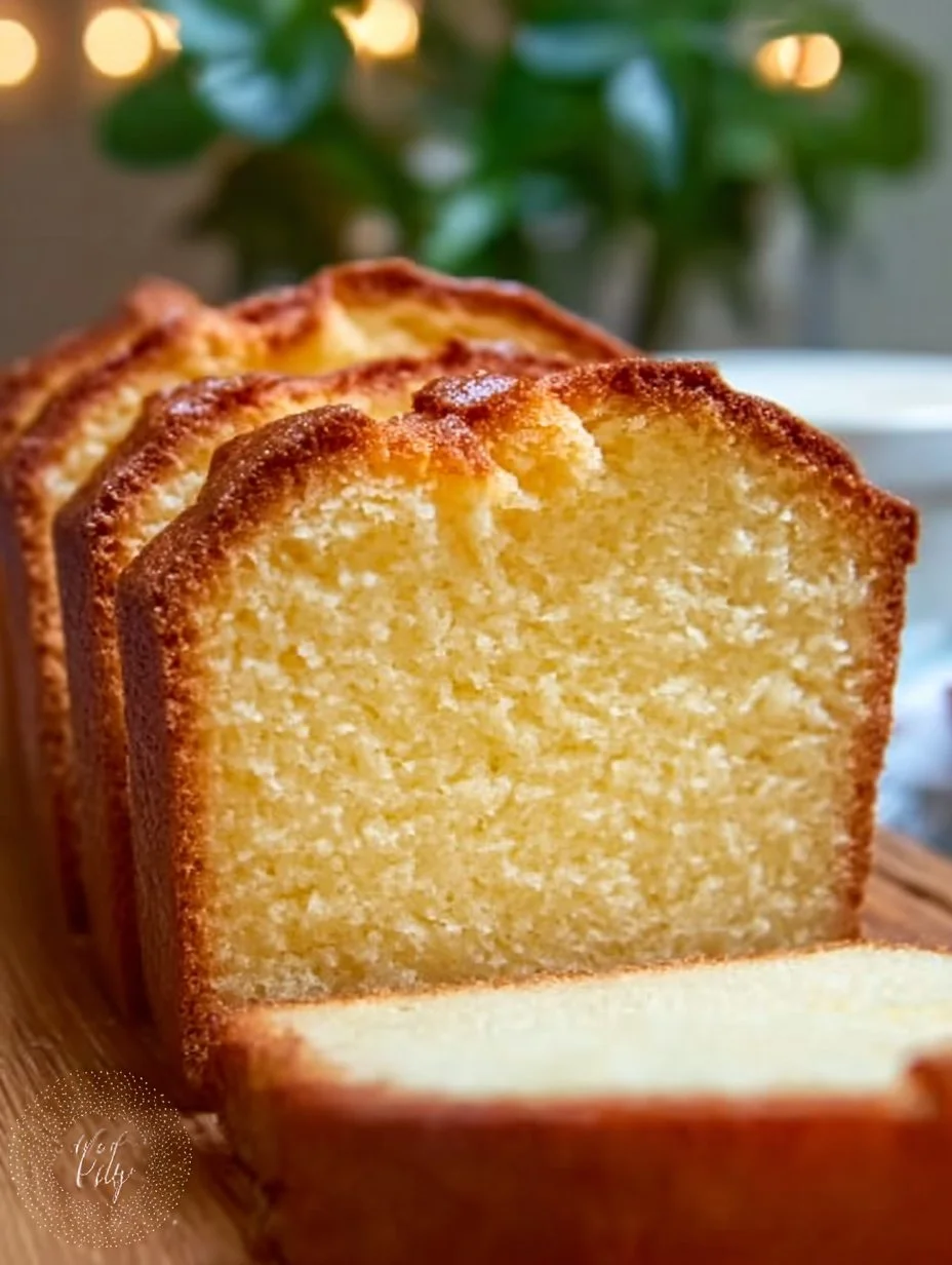 Slice of Grandmother's pound cake served on a rustic wooden table.