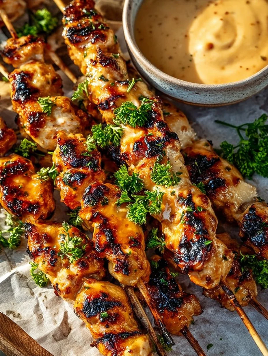 Delicious Grilled Bang Bang Chicken Skewers on a plate garnished with herbs