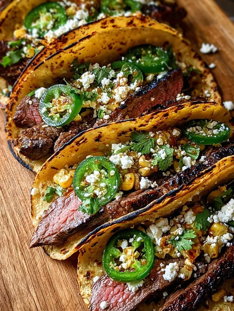 Grilled corn on the cob steak tacos served on a plate with toppings