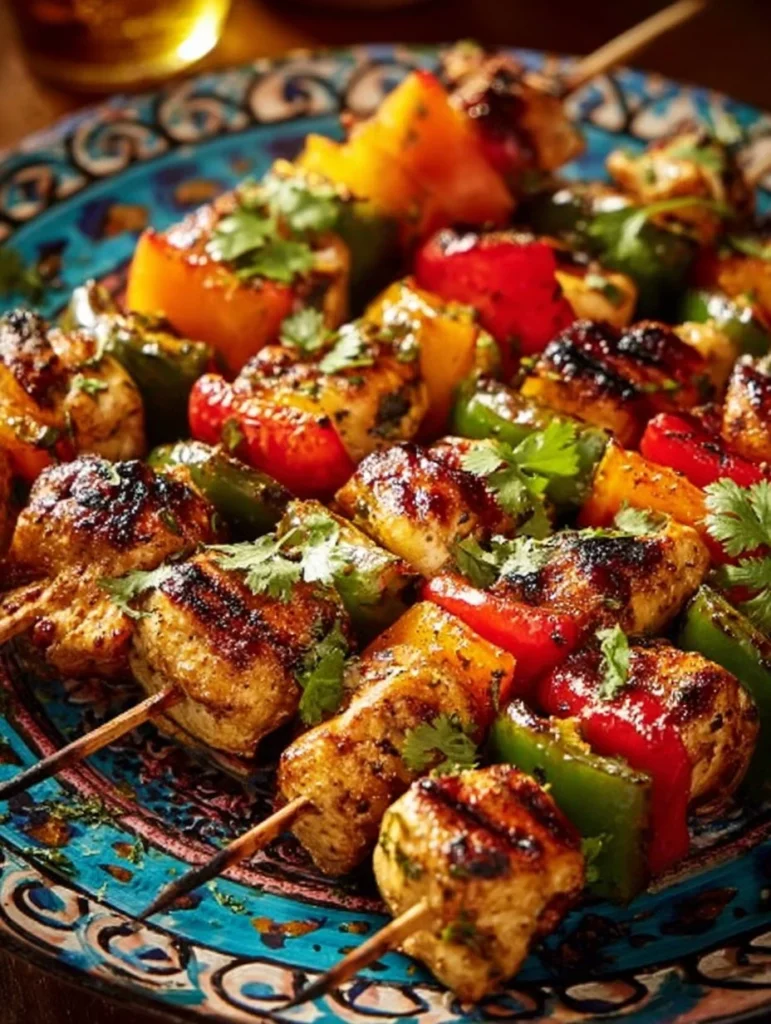 Grilled Mexican chicken skewers with vibrant vegetables on a barbecue grill
