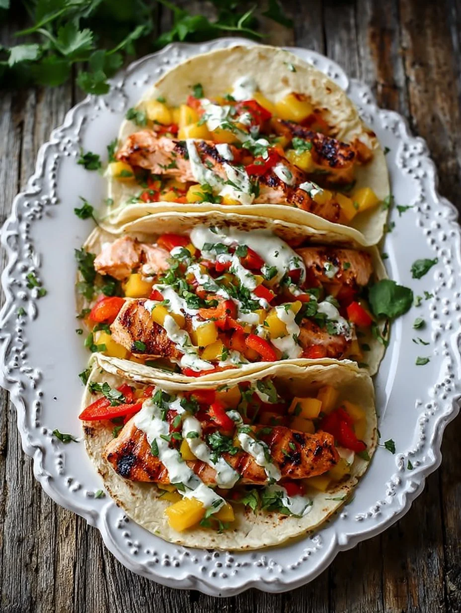 Grilled salmon tacos served with mango-peach salsa on a plate.