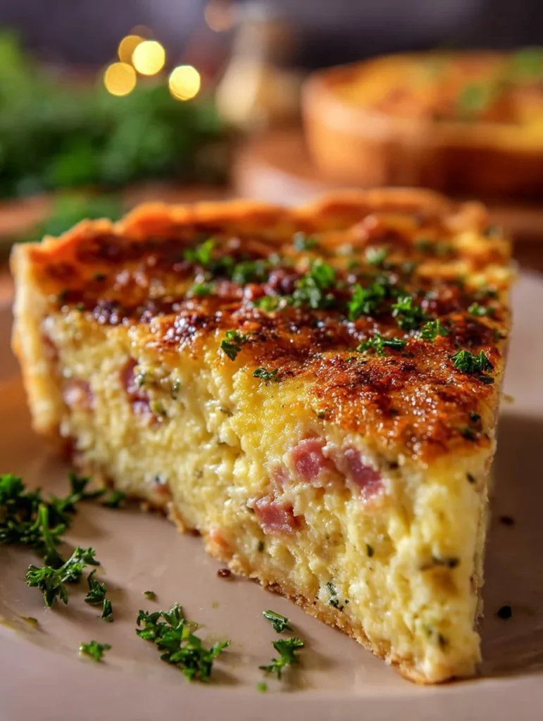 Homemade ham and cheese quiche served on a plate
