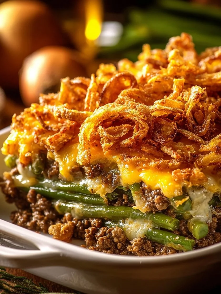 Delicious Hamburger Green Bean Casserole served in a dish