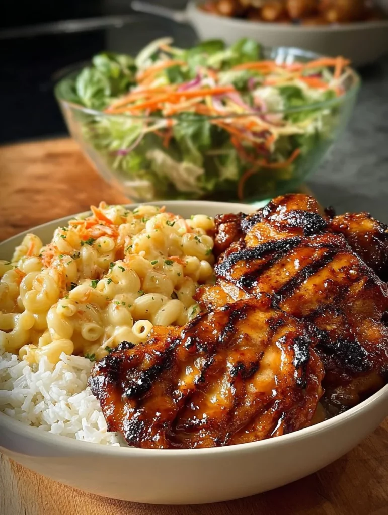 Plate of Hawaiian barbecue chicken with macaroni salad