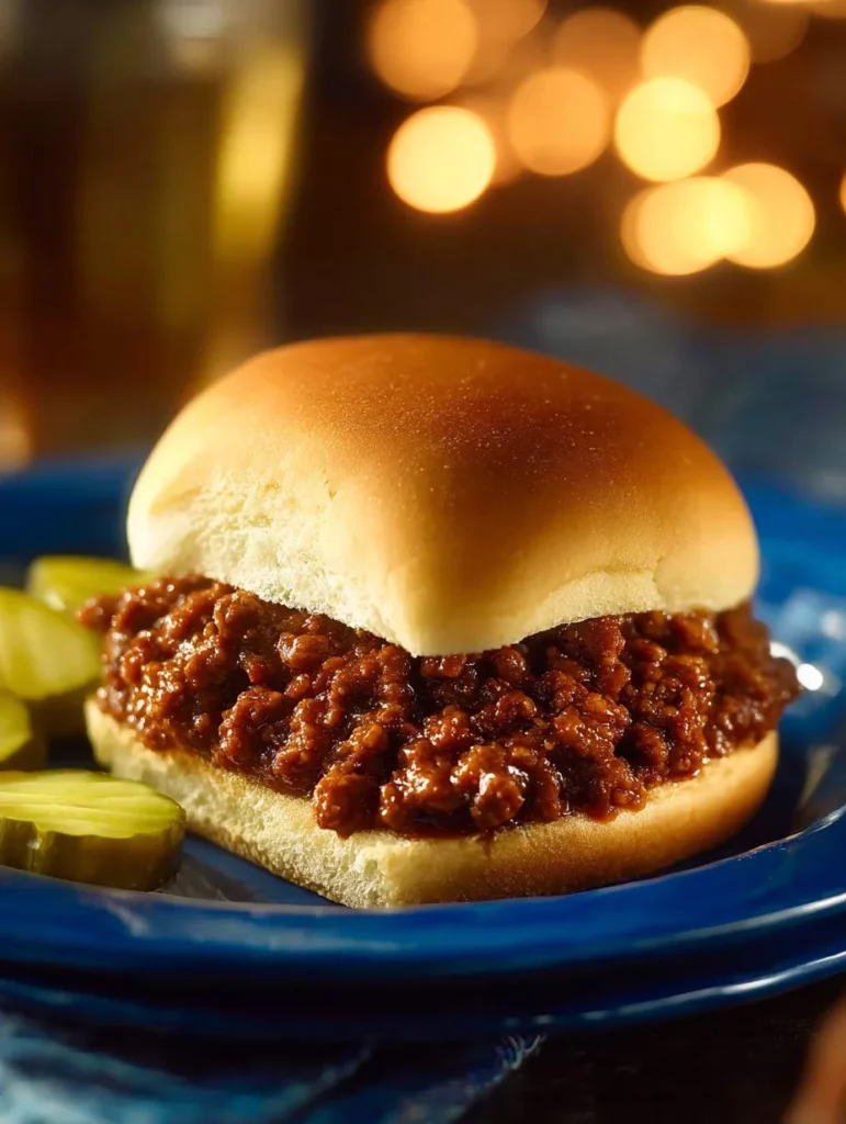Delicious homemade sloppy joes served on a bun with a side of pickles.