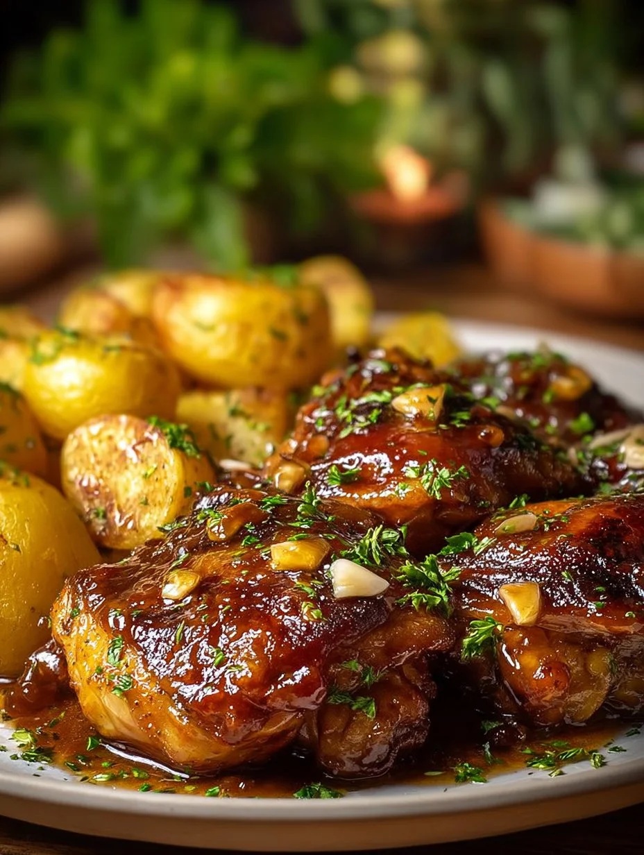 Honey garlic slow cooker chicken thighs in a ceramic dish garnished with herbs
