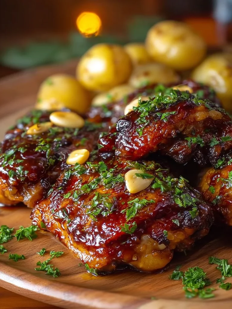 Honey garlic slow cooker chicken thighs served on a plate
