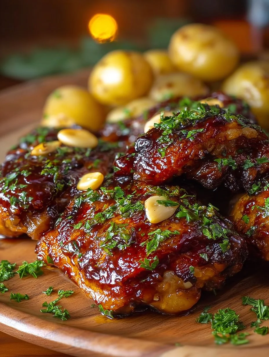Honey garlic slow cooker chicken thighs served on a plate