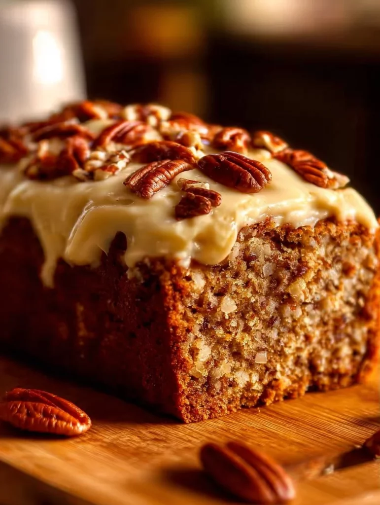 Delicious Hummingbird Bread topped with Cream Cheese Frosting on a wooden table.