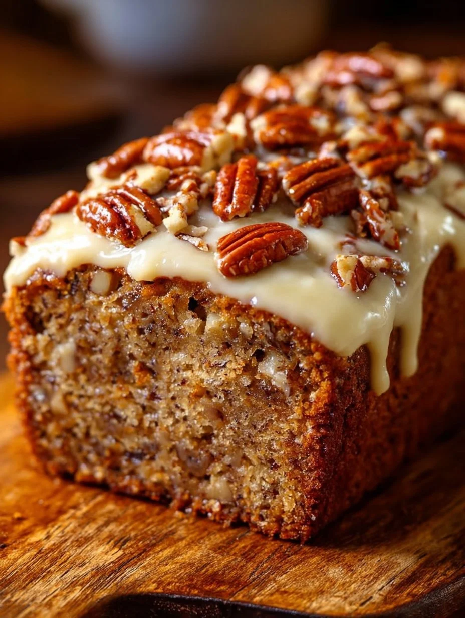 Hummingbird Bread topped with cream cheese frosting, a delicious tropical dessert.