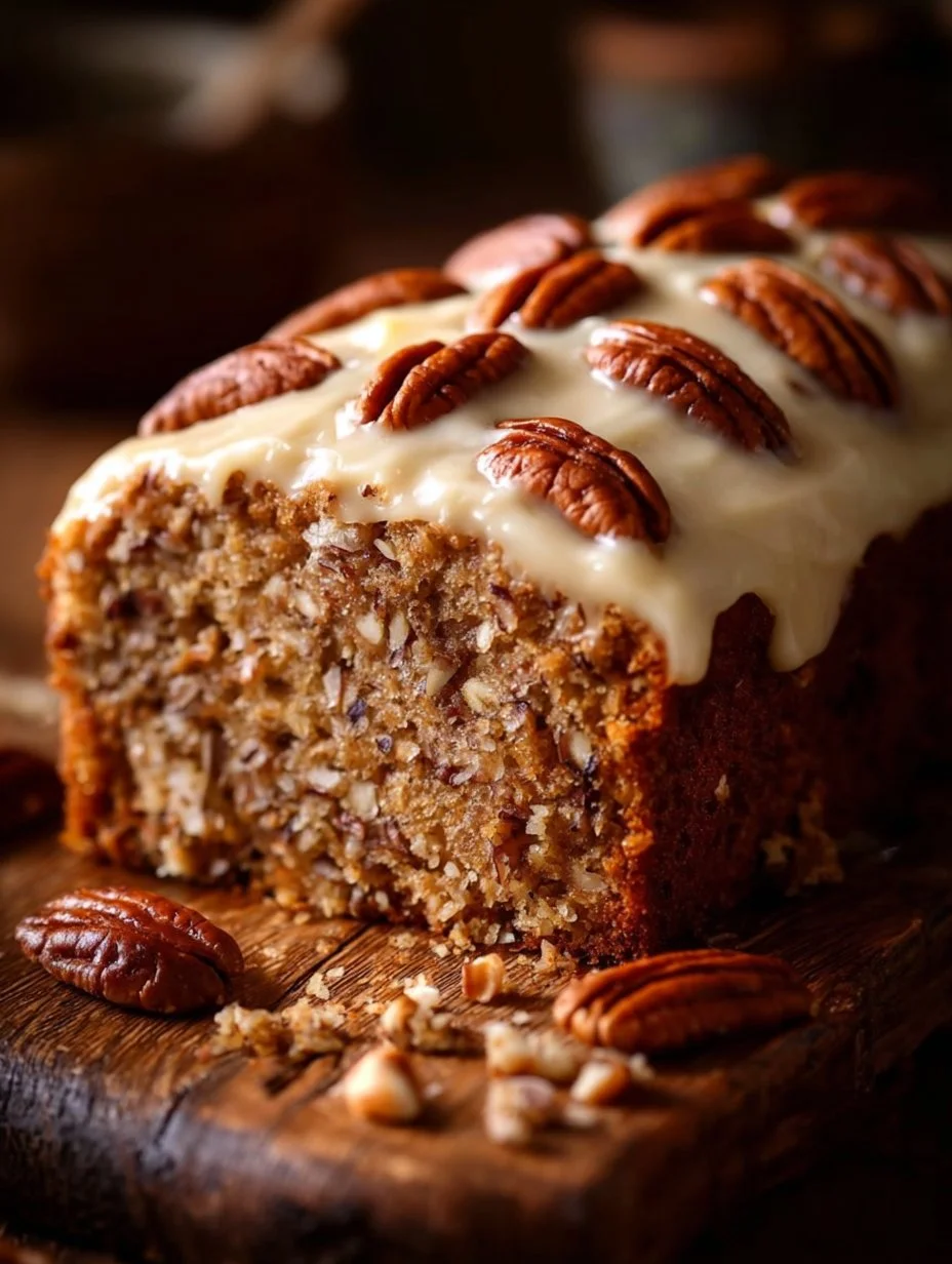 Slice of Hummingbird Bread with Cream Cheese Frosting on a wooden table