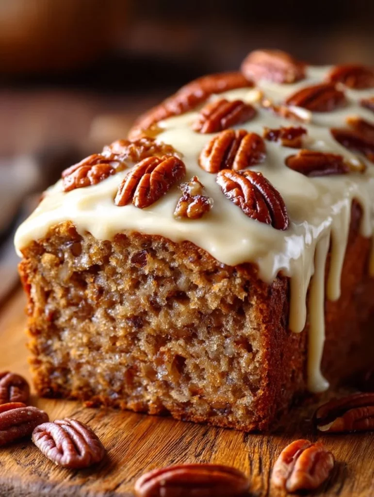 Slice of Hummingbird Bread with Cream Cheese Frosting on a plate