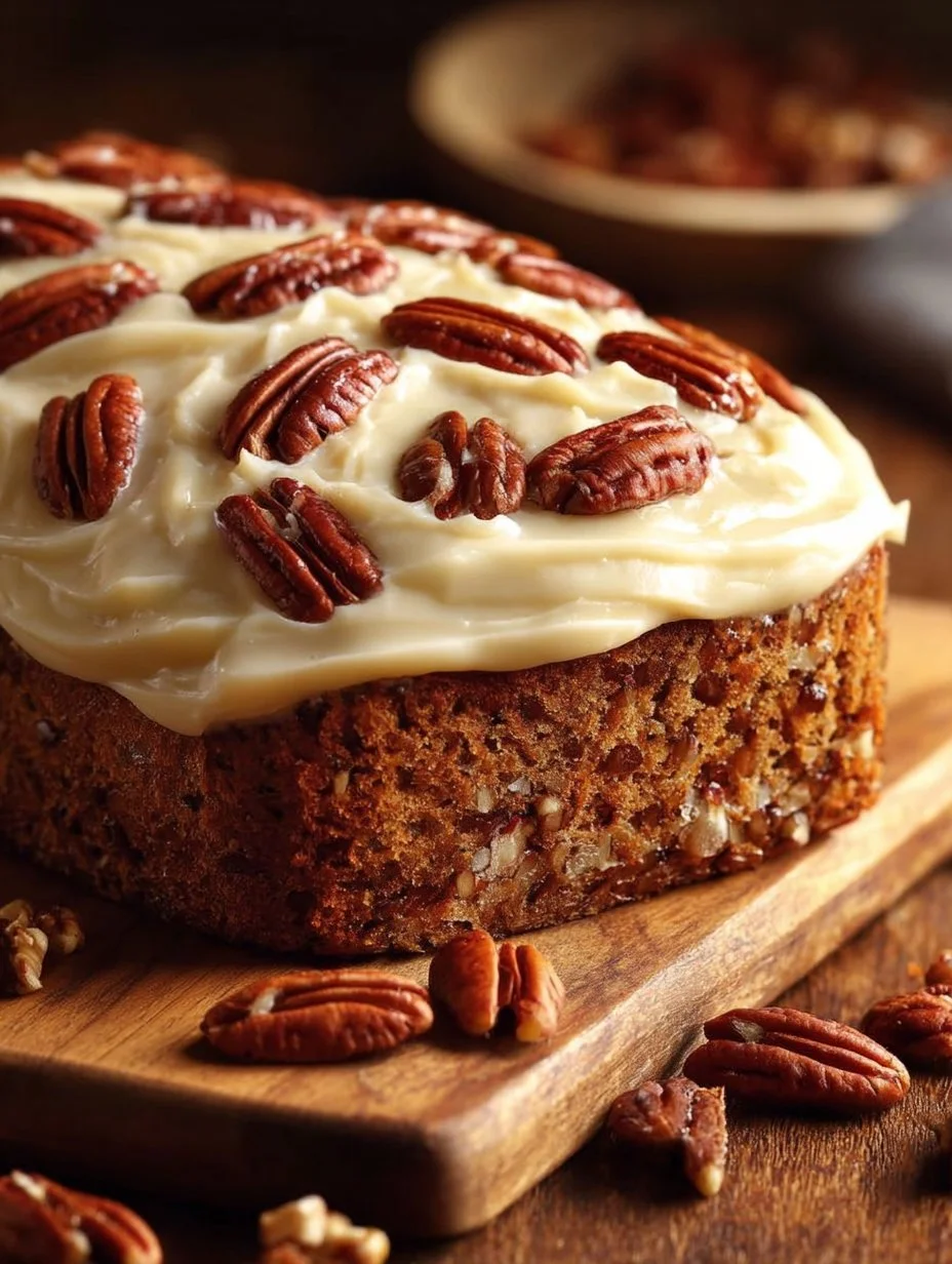 Slice of Hummingbird Bread with creamy frosting on a wooden plate.