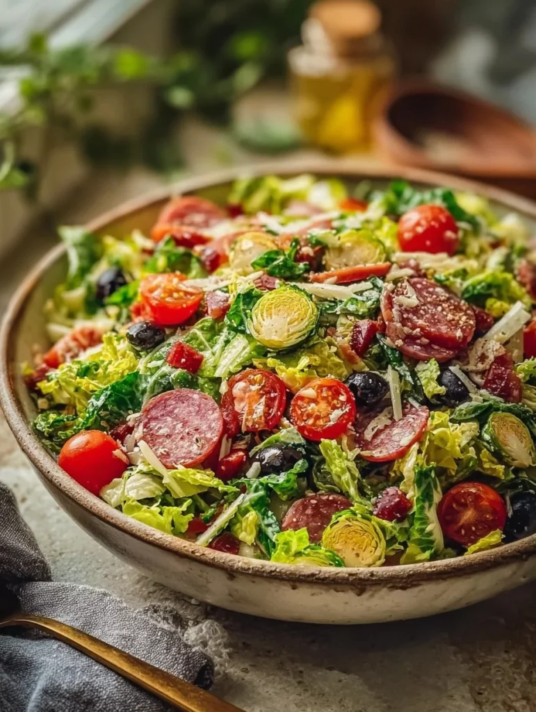Italian Brussels sprout salad with fresh vegetables and dressing