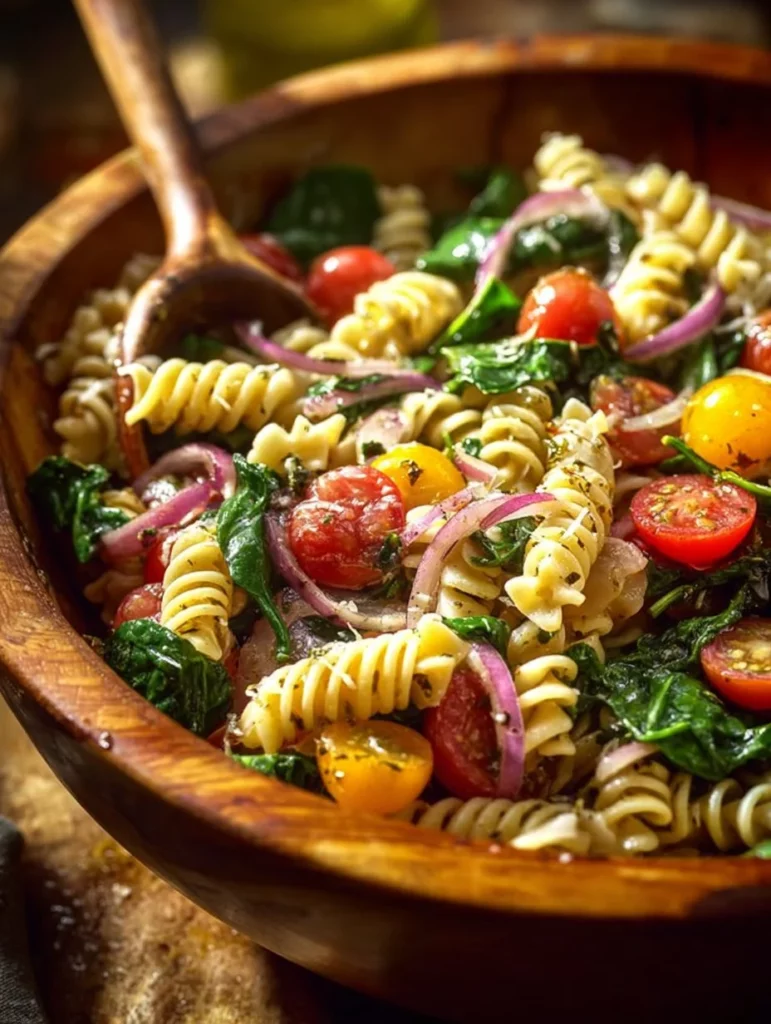 A vibrant bowl of Italian pasta salad with vegetables and dressing