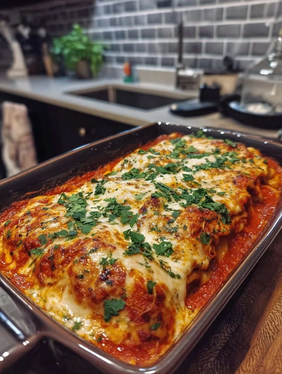 Lasagna stuffed chicken baked to perfection with cheese and marinara sauce