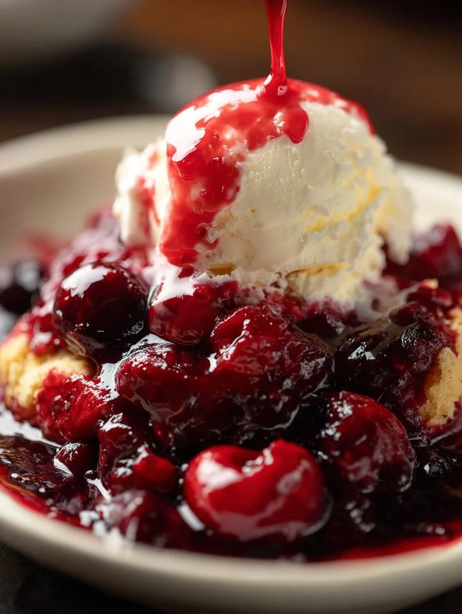 Delicious layered cherry cobbler with flaky crust and fresh cherries