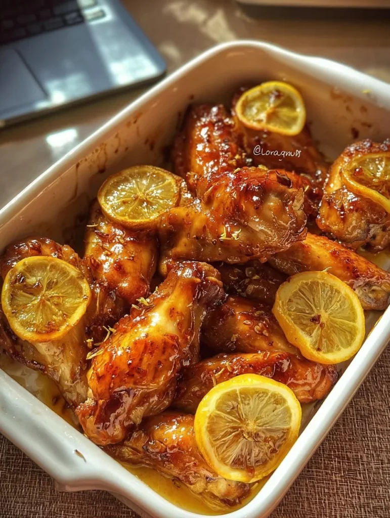 A delicious plate of lemon chicken garnished with fresh herbs and lemon slices.