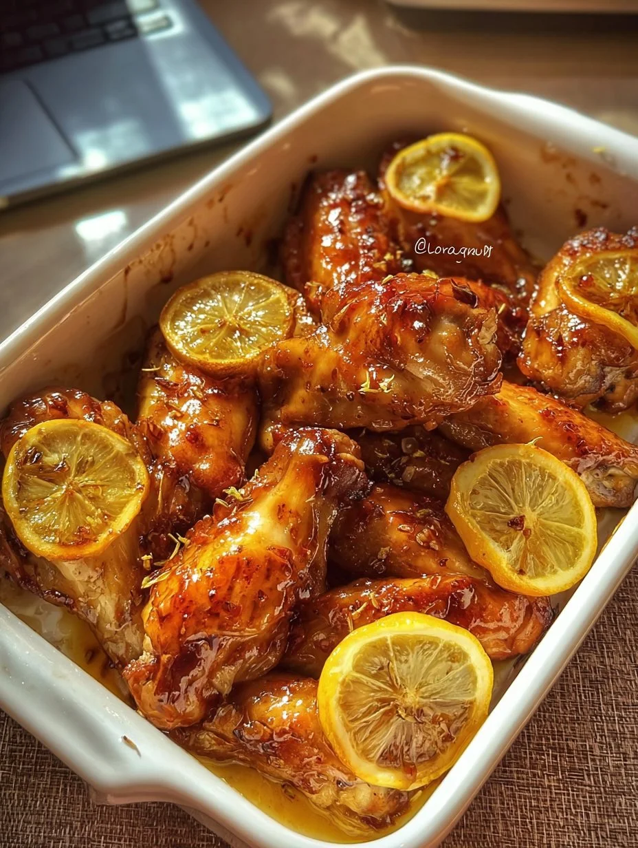 A delicious plate of lemon chicken garnished with fresh herbs and lemon slices.