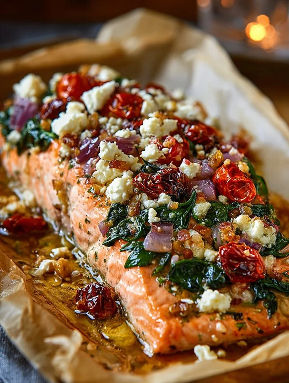 Mediterranean Baked Salmon topped with feta cheese and sun-dried tomatoes