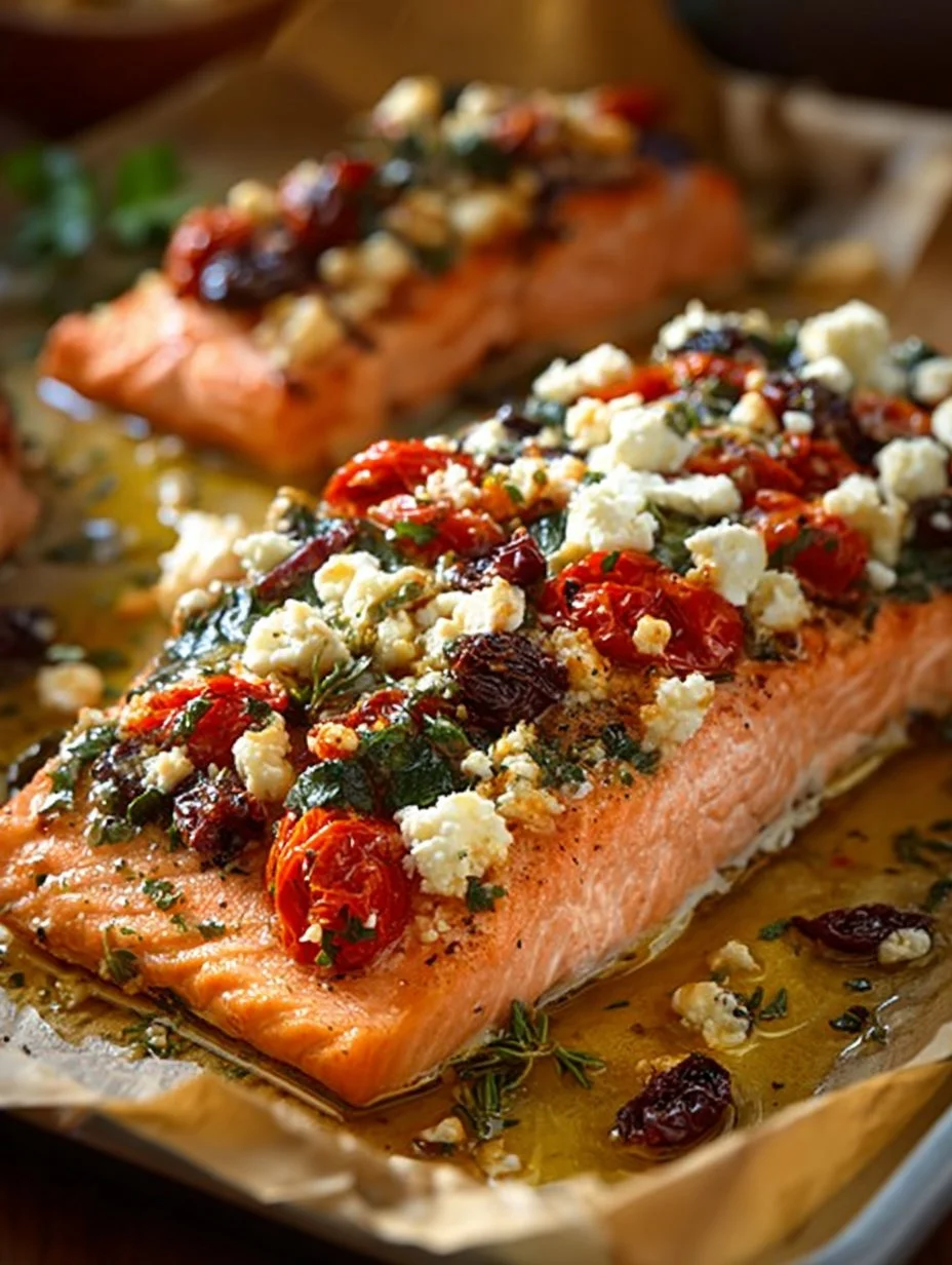 Mediterranean Baked Salmon with feta and sun-dried tomatoes on a plate