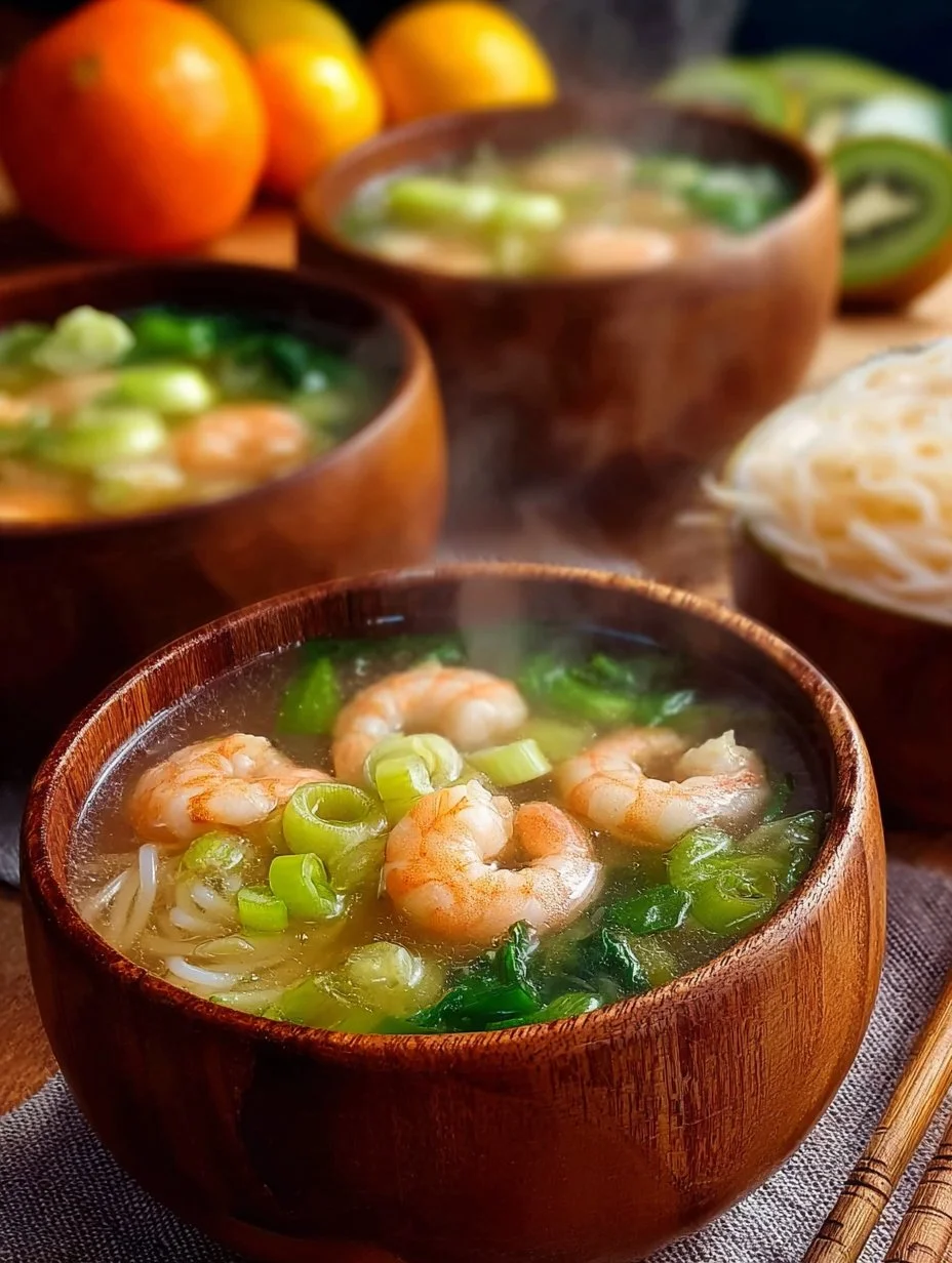 Bowl of Misua Soup with Patola and shrimp garnished with herbs