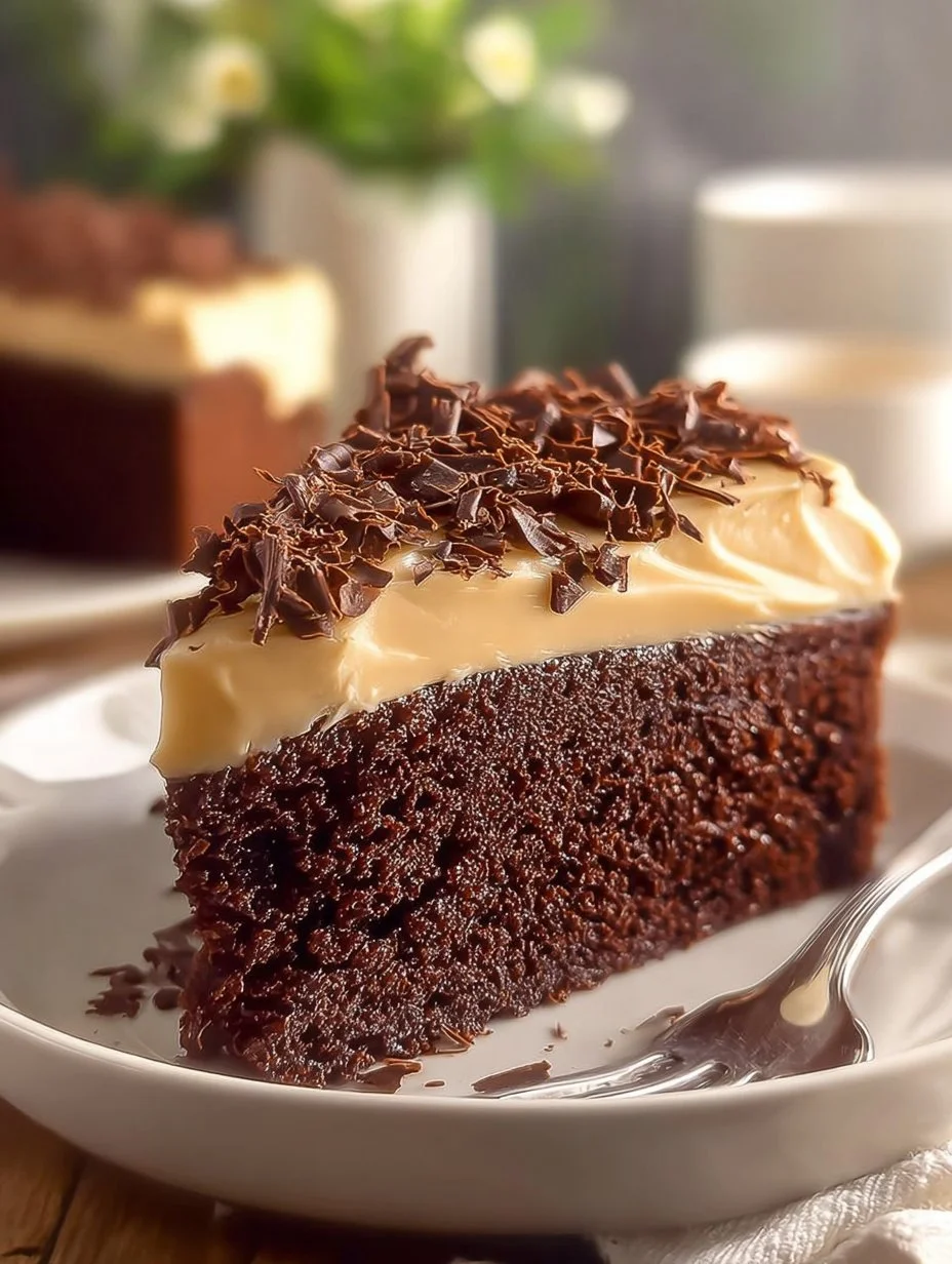 Moist chocolate cake served on a plate, topped with chocolate frosting.